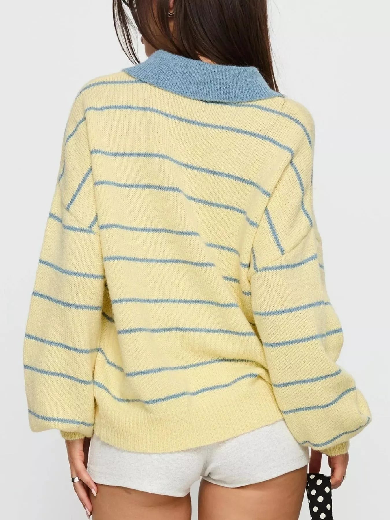 Striped Polo Collar Long Sleeve Sweater - PBNJ FASHIONS