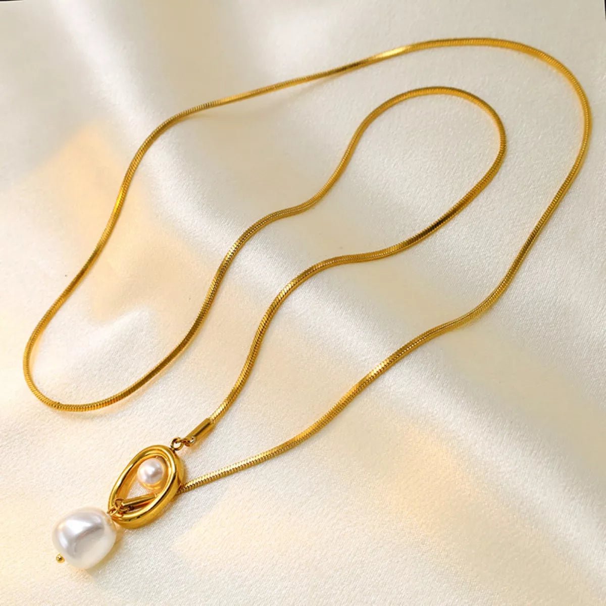 Gold-Plated Pearl Necklace, Stainless Steel Chain, Silver-Plated, 24.4" Length - PBNJ FASHIONS