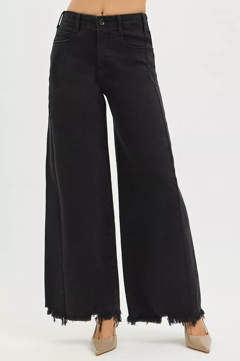 RISEN Tummy Control High Rise Palazzo Leg Frayed Hem Jeans - PBNJ FASHIONS