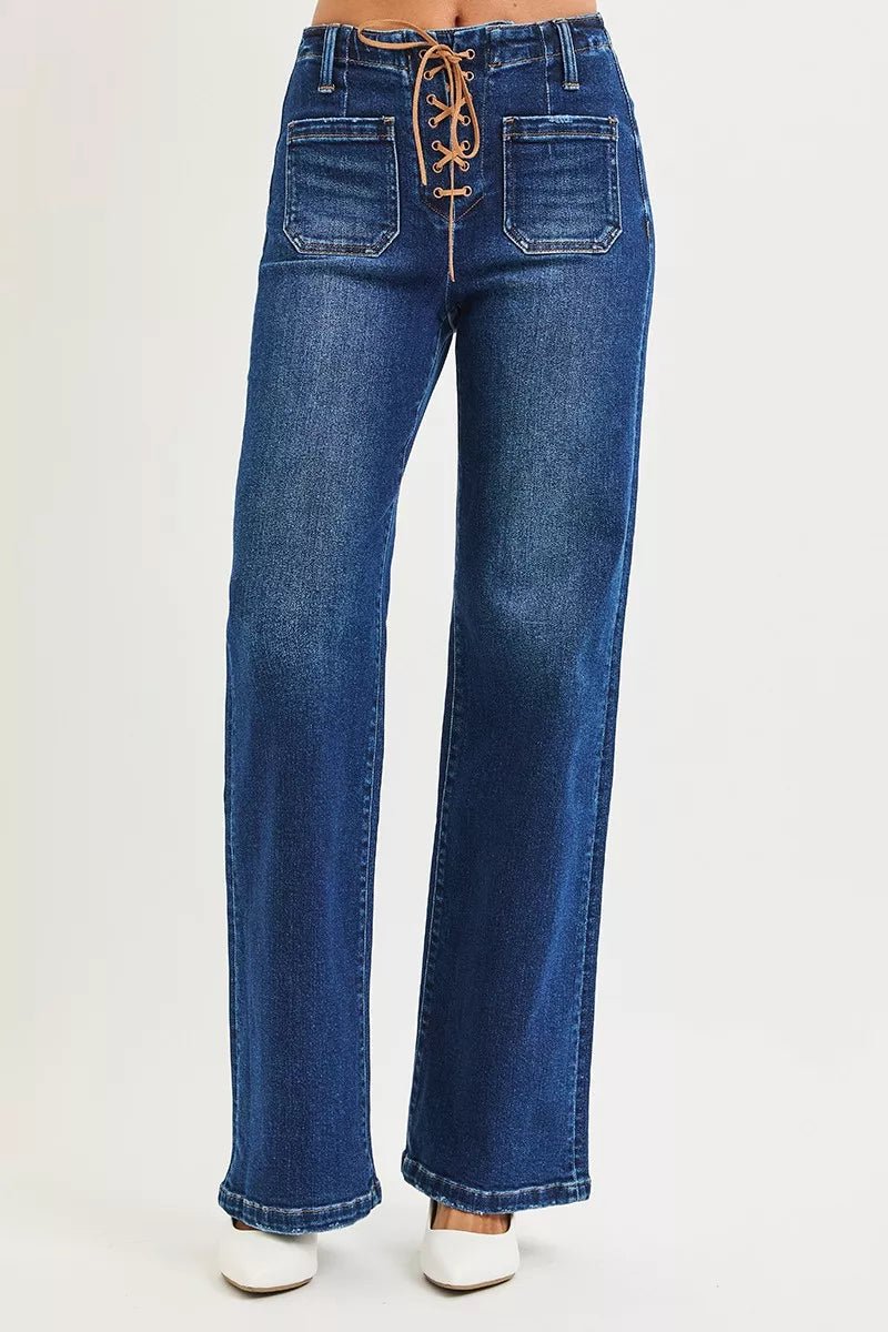RISEN Full Size High Rise Wide Leg Jeans with Front Tie Detail Plus Size - PBNJ FASHIONS