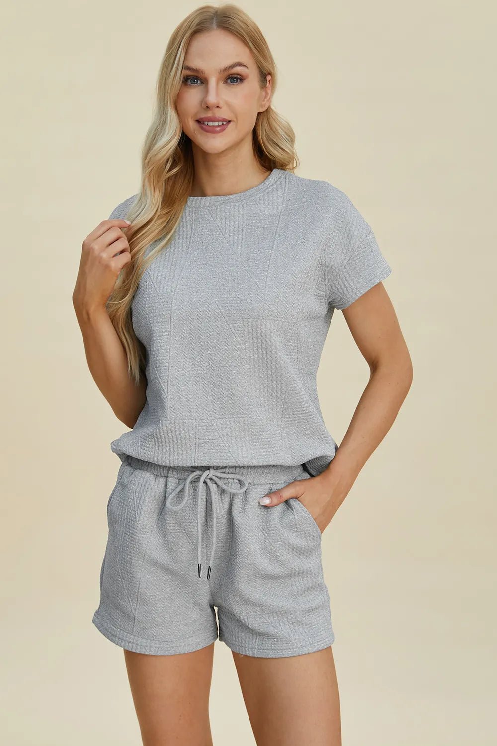 Double Take Full Size Texture Short Sleeve Top and Shorts Set - PBNJ FASHIONS
