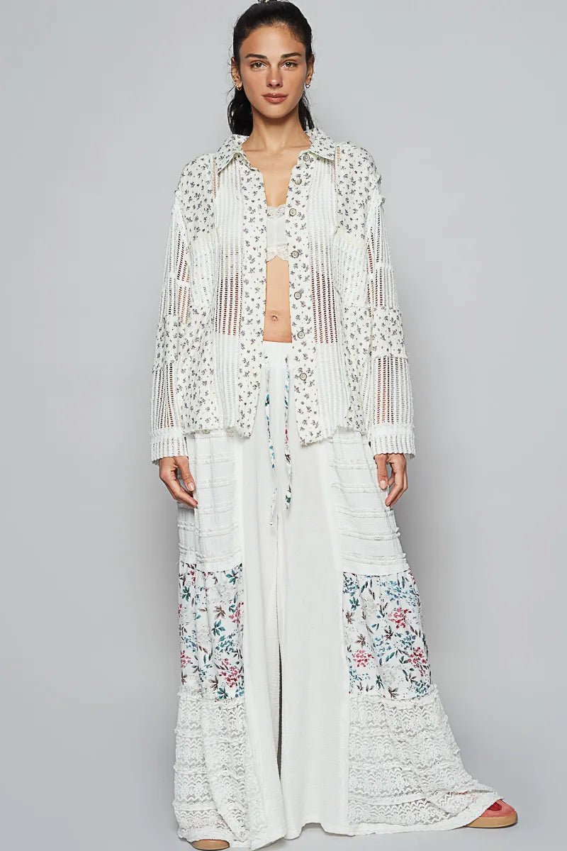 POL Floral Crochet Patchwork Long Sleeve Shirt - PBNJ FASHIONS