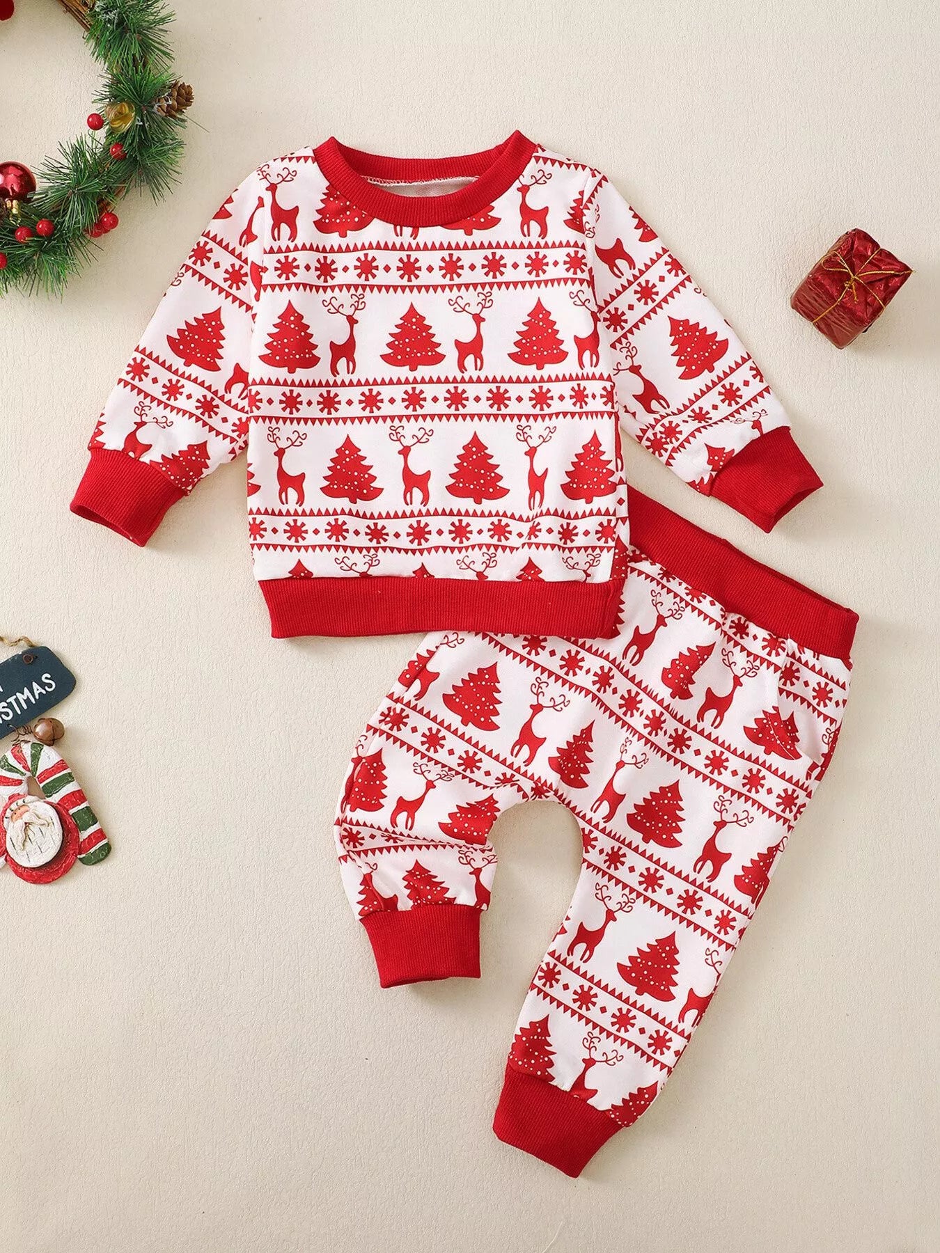 Children's Christmas Reindeer & Tree Print Top and Pants Set - PBNJ FASHIONS