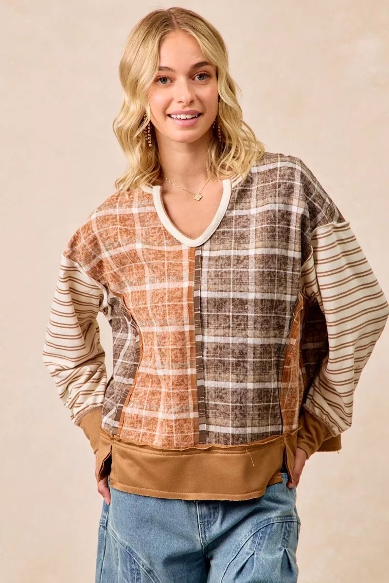 BiBi Plaid And Stripe Mix And Match Top With Open Seam - PBNJ FASHIONS