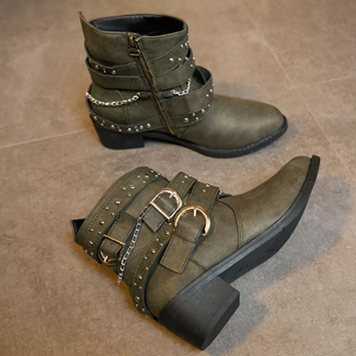 Studded Buckle Ankle Boots - PBNJ FASHIONS