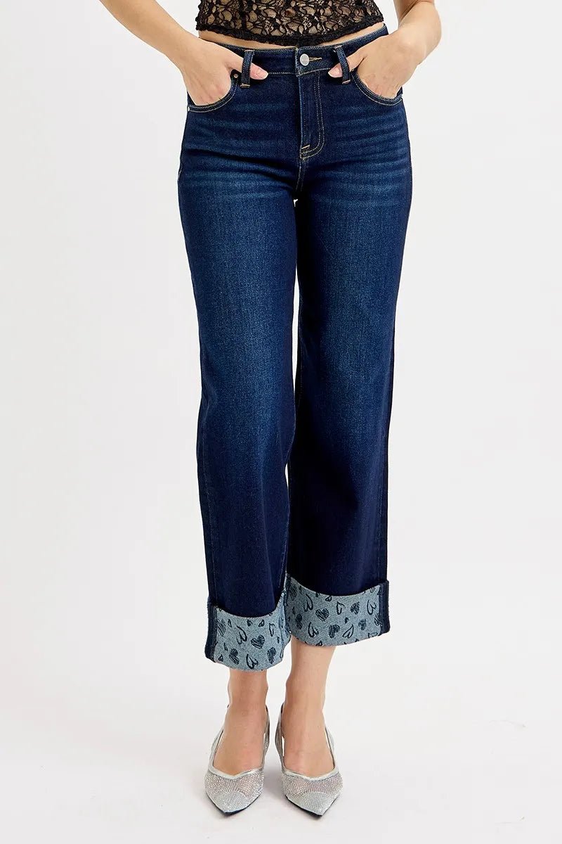 RISEN Full Size Mid Rise Fit Crop Wide With Printed Cuff Jeans Plus Size - PBNJ FASHIONS