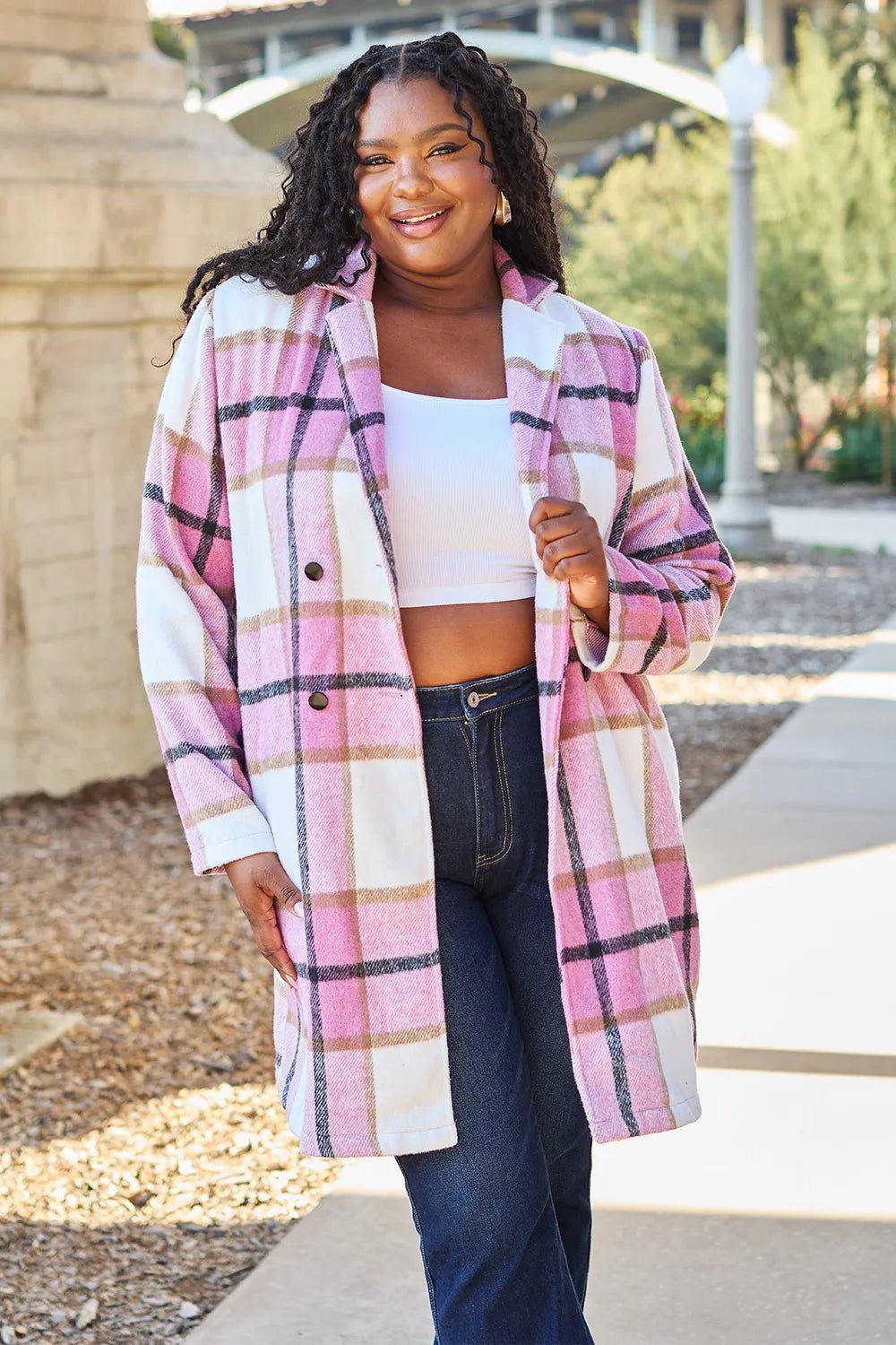 Double Take Full Size Plaid Button Up Lapel Collar Coat - PBNJ FASHIONS