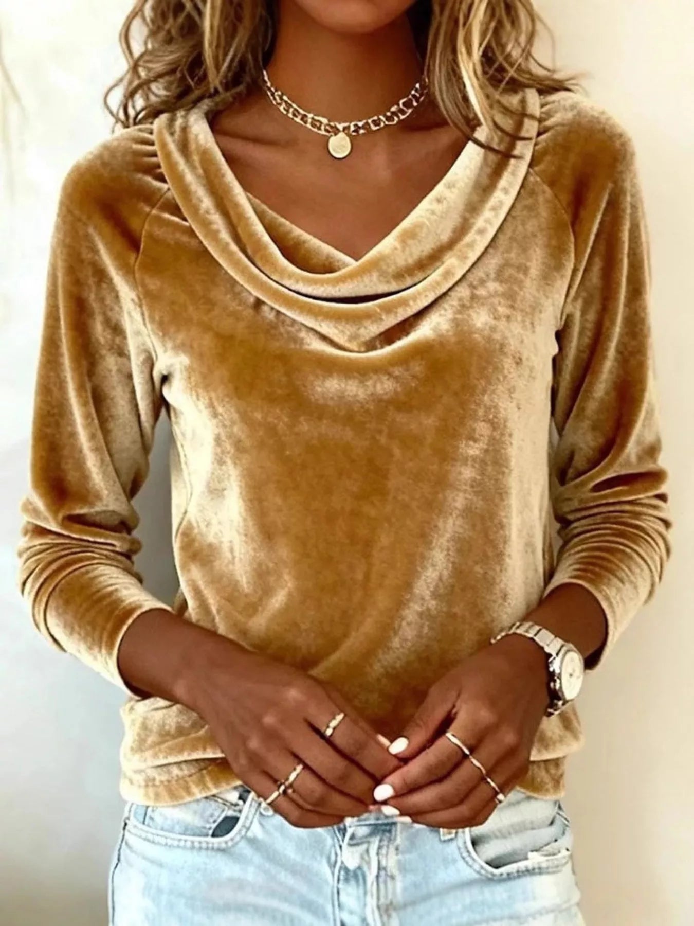 Velvet Cowl Neck Long Sleeve T-Shirt - PBNJ FASHIONS