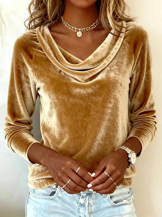 Velvet Cowl Neck Long Sleeve T-Shirt - PBNJ FASHIONS