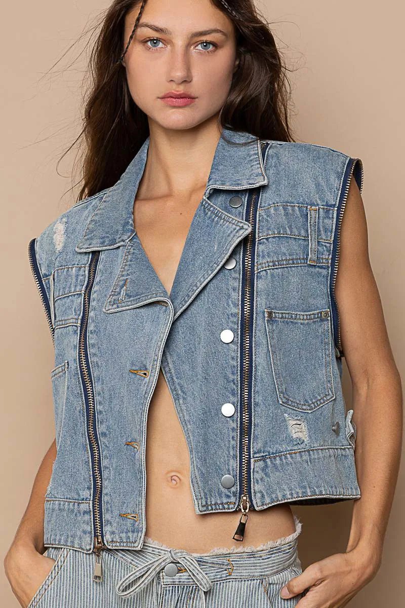 POL Cropped Denim Jacket with Functional Zipper Detail - PBNJ FASHIONS