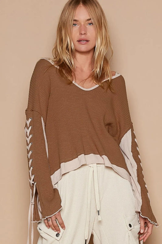 POL Lace - Up Sleeve Color Block Ribbed Knit Top - PBNJ FASHIONS