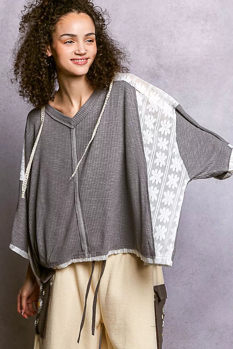 POL Short Sleeve Hoodie Top with Lace Detail - PBNJ FASHIONS