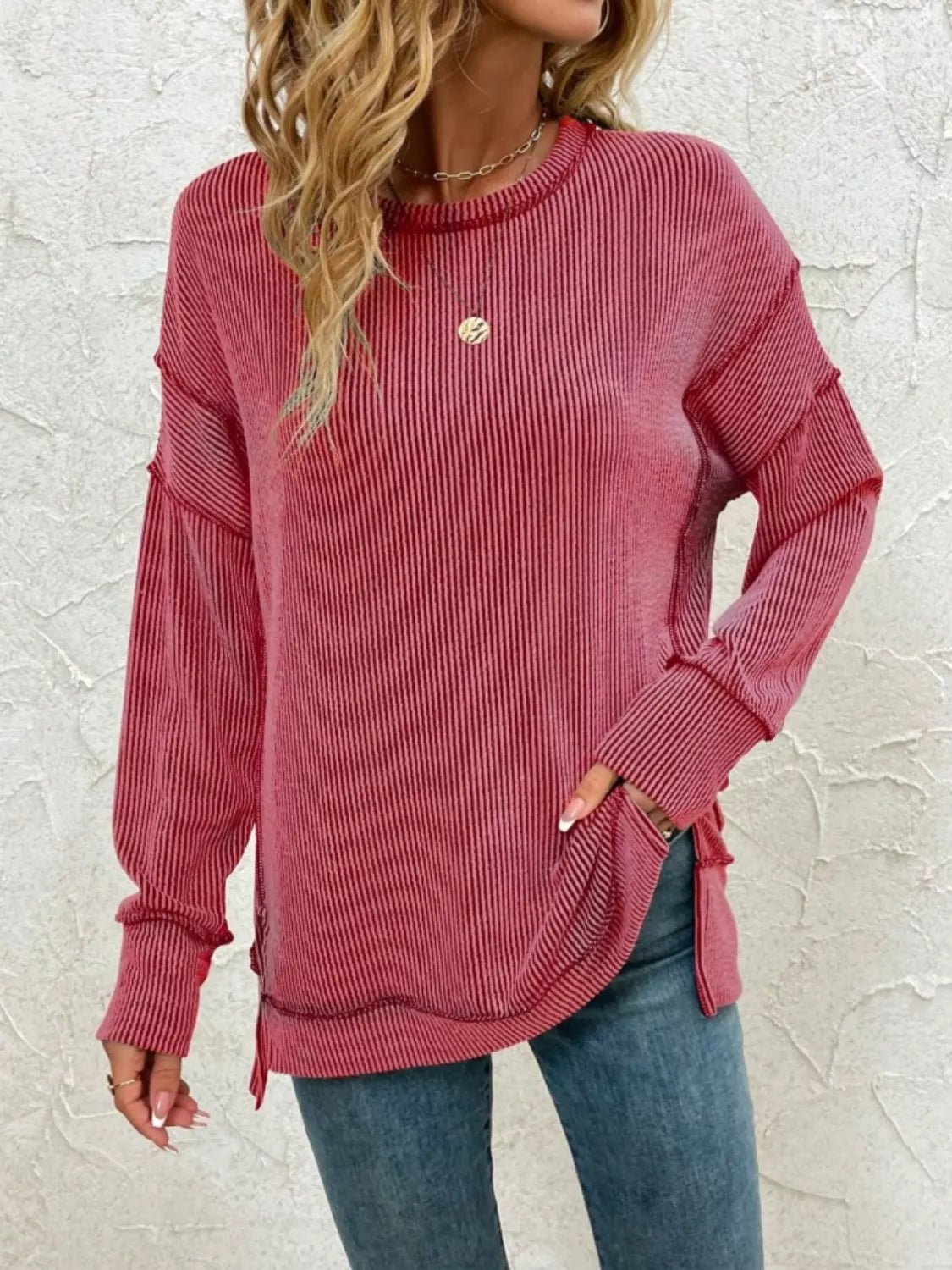 Side Slit Round Neck Sweatshirt - PBNJ FASHIONS