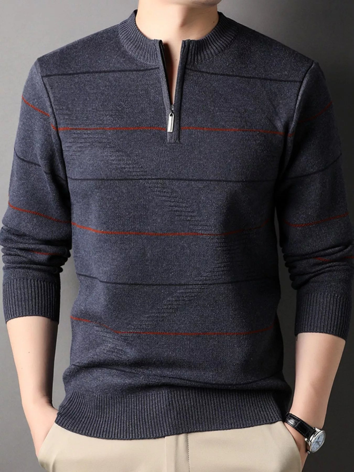 Men's Plus Size Striped Quarter Zip Knit Pullover - PBNJ FASHIONS