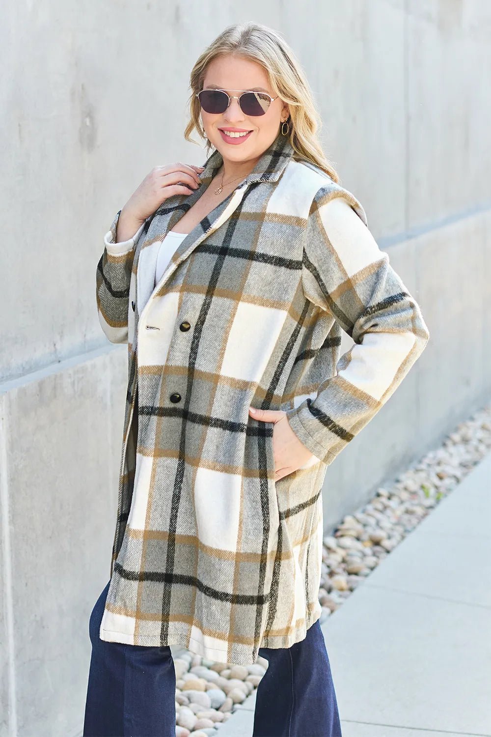 Double Take Full Size Plaid Button Up Lapel Collar Coat - PBNJ FASHIONS