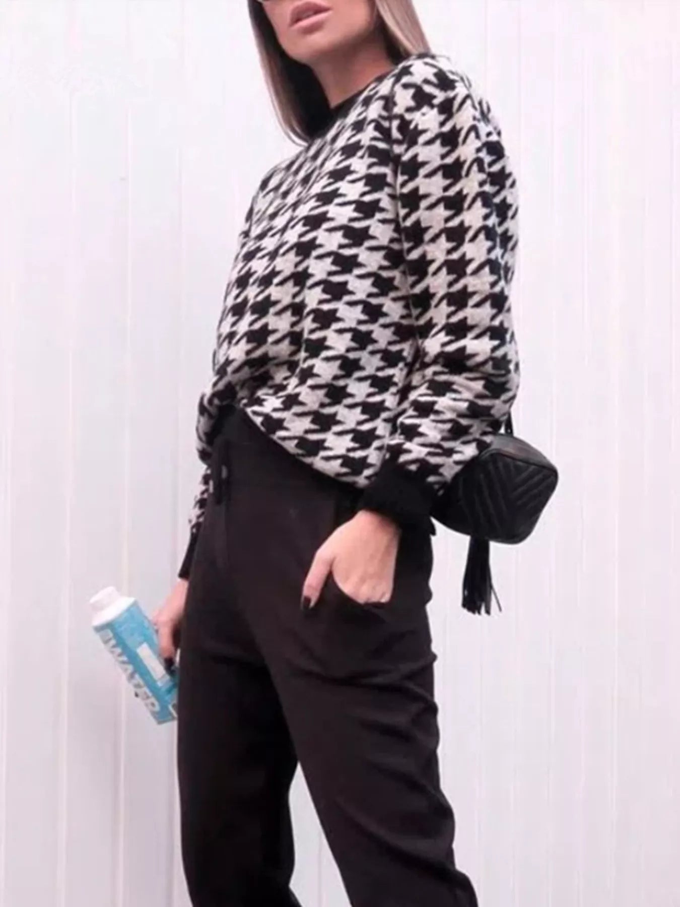 Full Size Houndstooth Pattern Oversized Sweater Plus Size - PBNJ FASHIONS