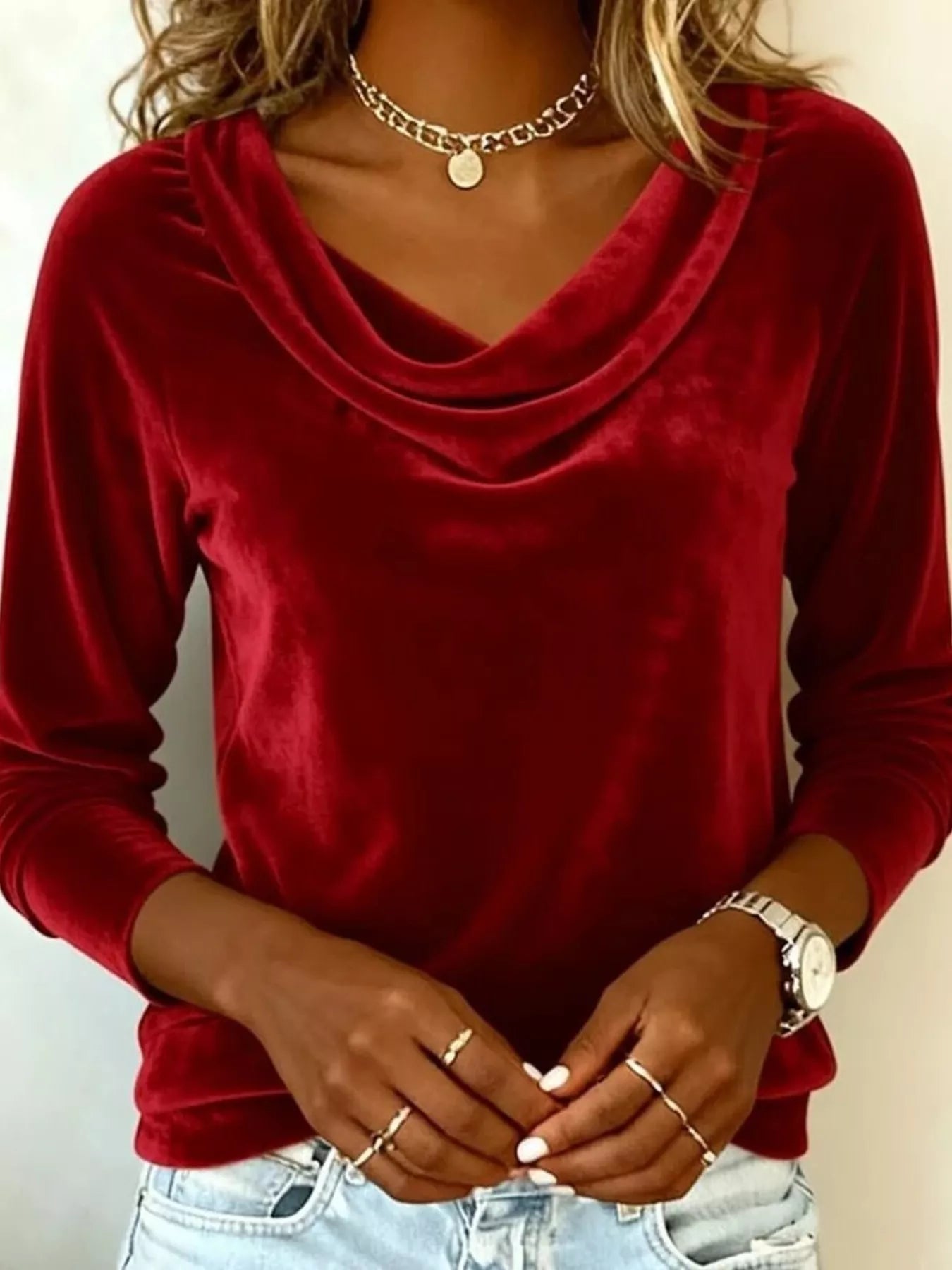 Velvet Cowl Neck Long Sleeve T-Shirt - PBNJ FASHIONS
