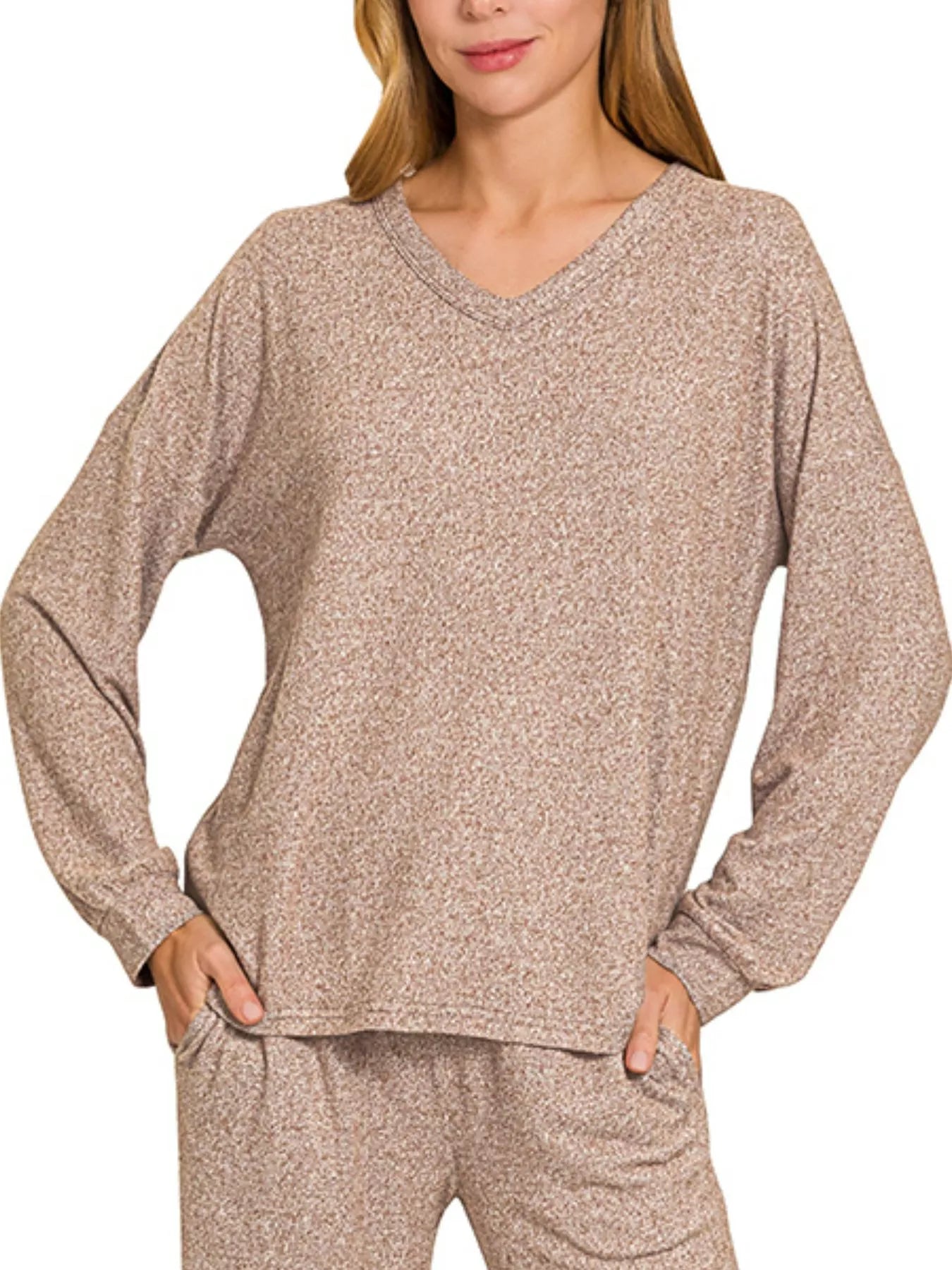 Zenana Soft Melange Long Sleeve Tee & Pants Set - PBNJ FASHIONS