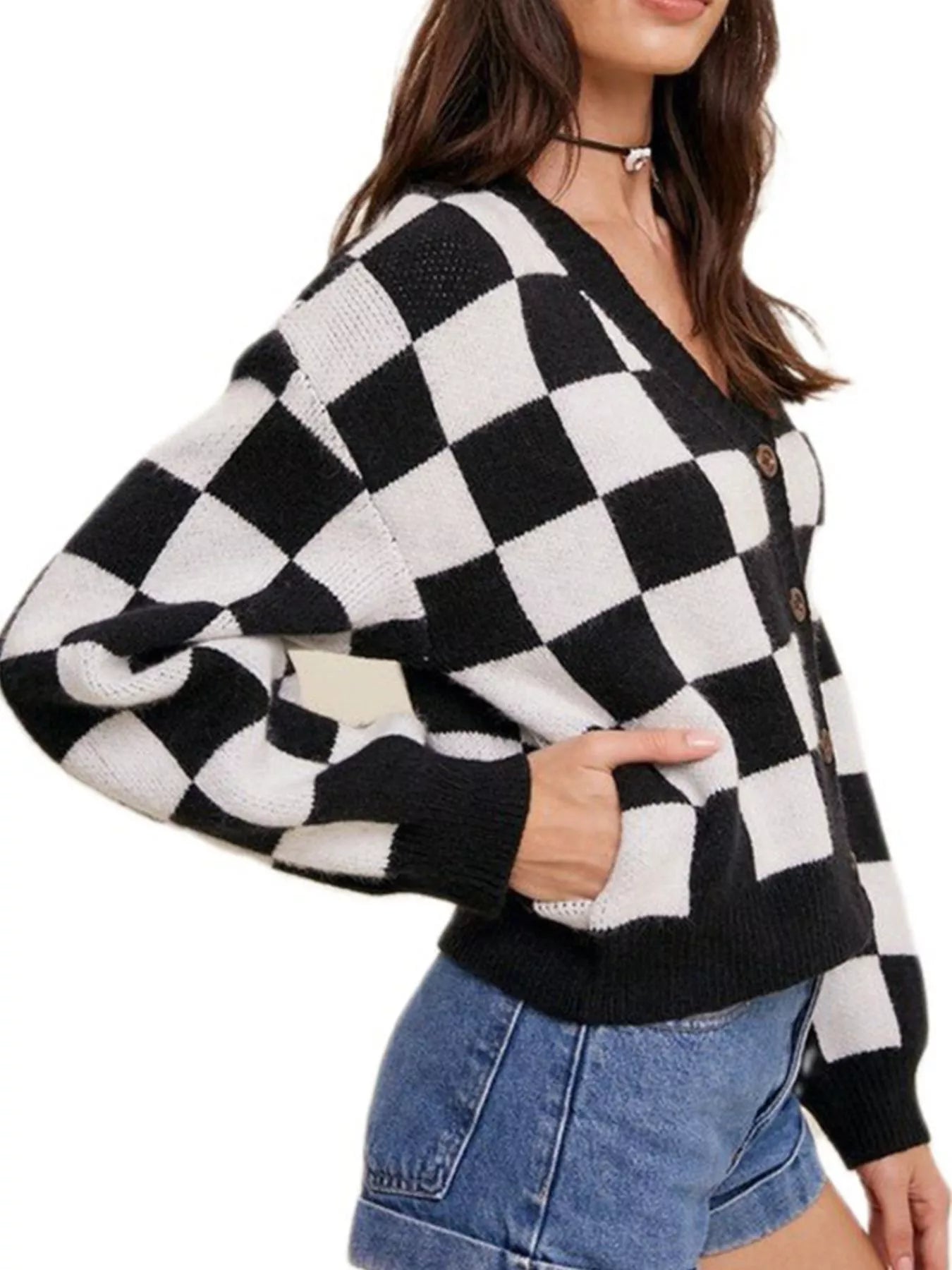 Checkerboard Pattern Button - Down Cardigan - PBNJ FASHIONS