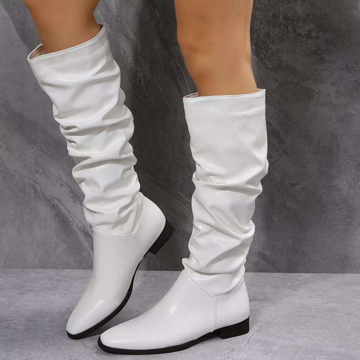 Slouchy Block Heel Boots PU Leather Rubber Low Heel Women's Booties - PBNJ FASHIONS