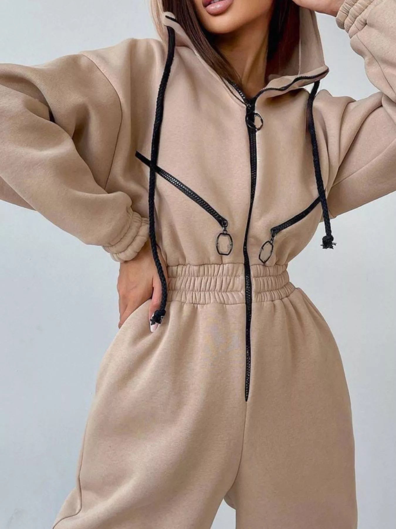 Hooded Zip - Up Long Sleeve Jumpsuit - PBNJ FASHIONS