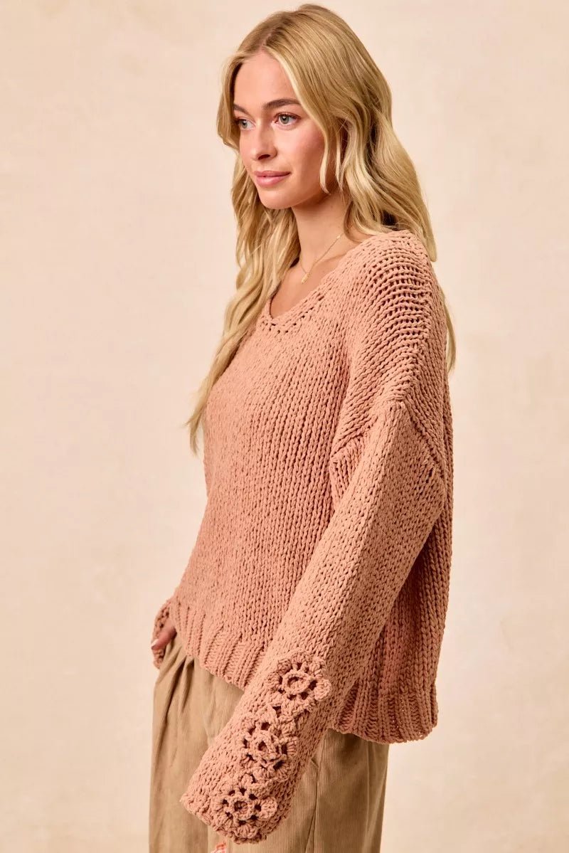 BiBi Chunky Knit Sweater with Flower Detail Sleeves - PBNJ FASHIONS