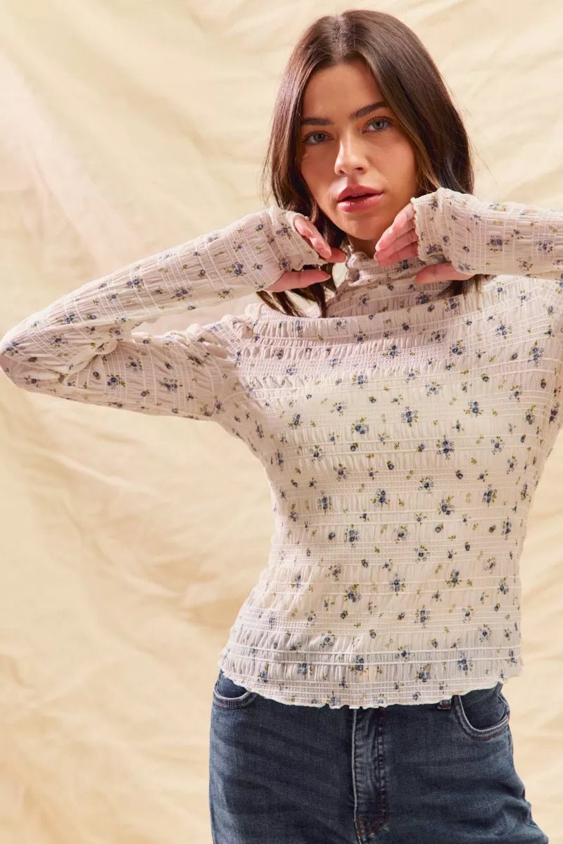SO ME Floral Print Textured Long Sleeve Knit Top - PBNJ FASHIONS