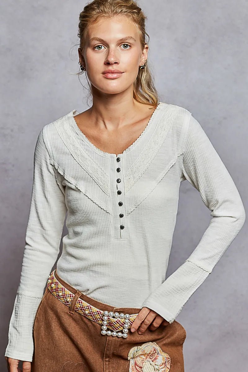 POL Ribbed Half Button Lace Detail Knit Top - PBNJ FASHIONS