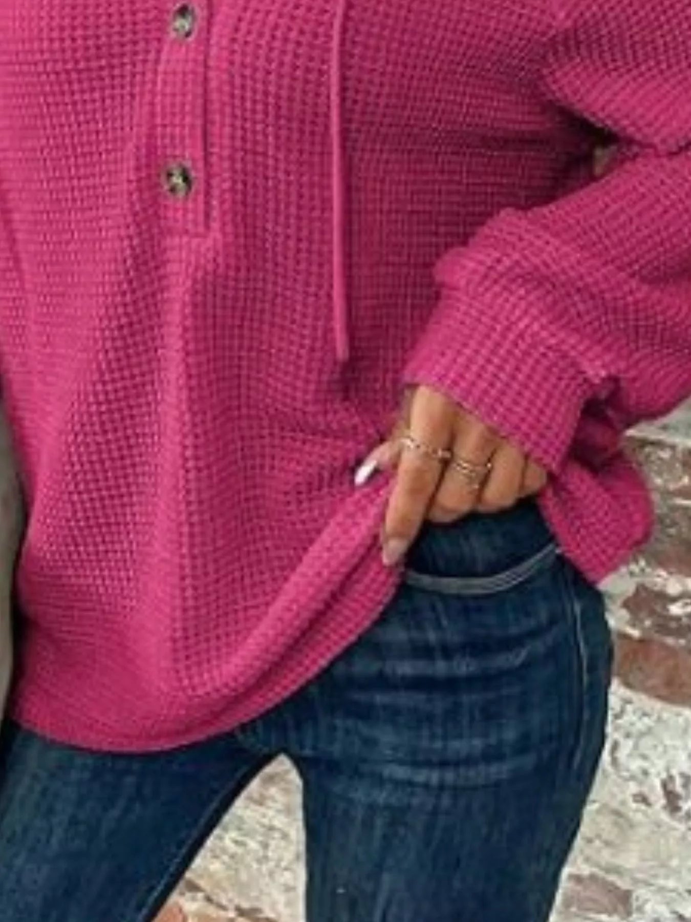 Waffle Knit Button Detail Hoodie - PBNJ FASHIONS