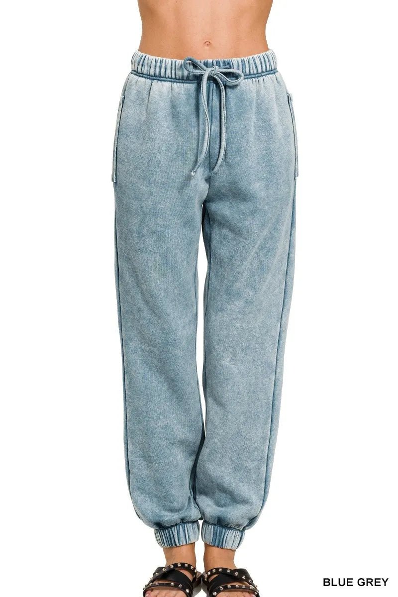 Zenana Acid Wash Fleece Sweatpants with Pockets - PBNJ FASHIONS