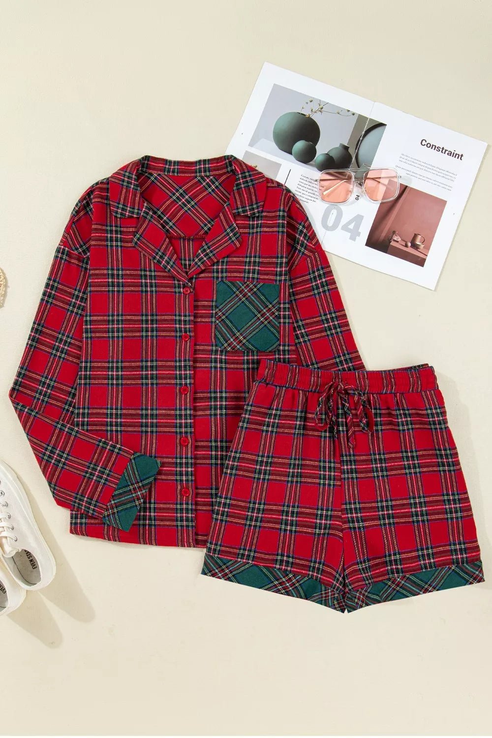 Plaid Contrast Patched Christmas Holiday Long Sleeve Shirt and Short 2pcs Pajama Set - PBNJ FASHIONS