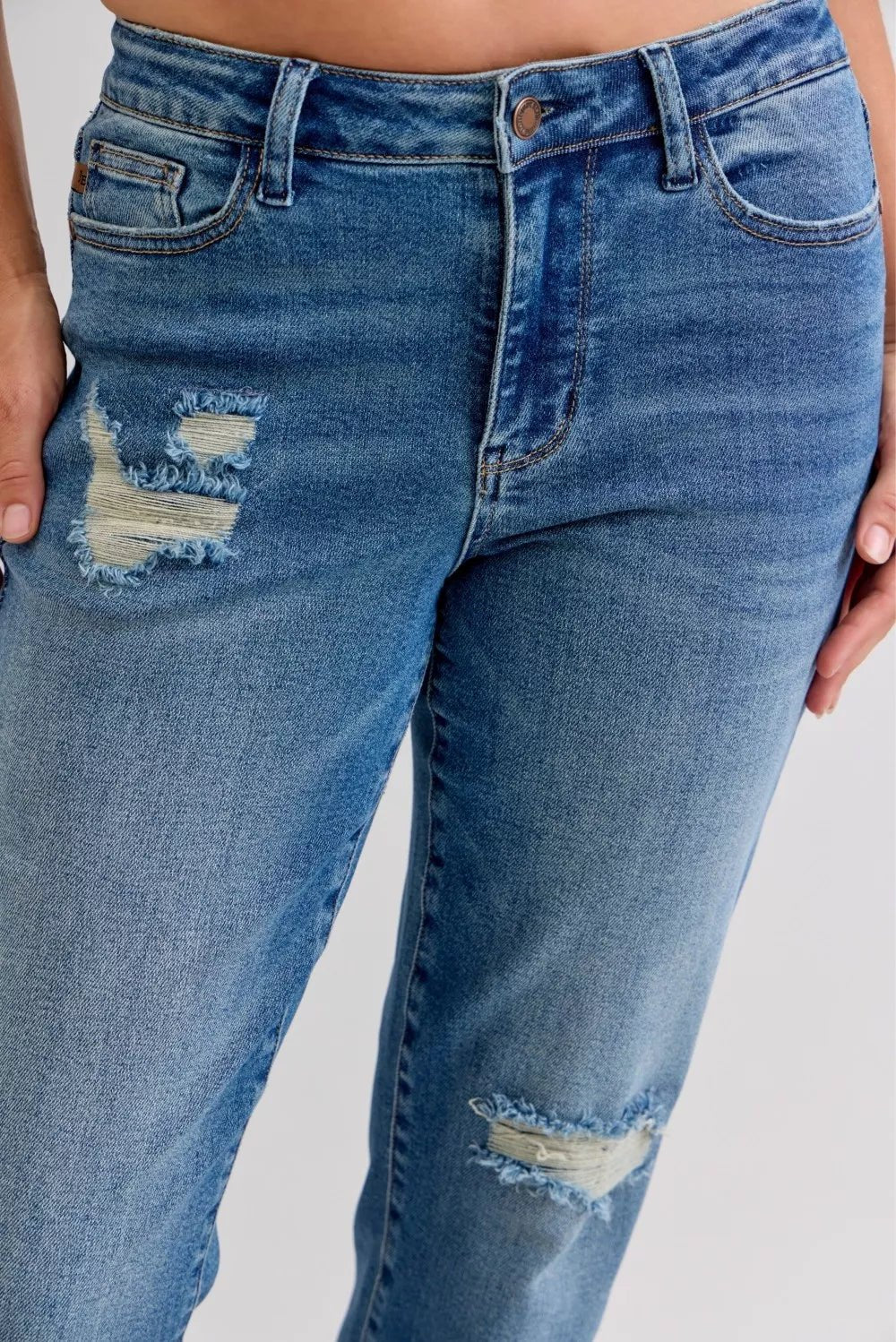 Judy Blue Full Size Mid Rise Bf Patch & Repair Destroy Release Hem Jeans Plus Size - PBNJ FASHIONS