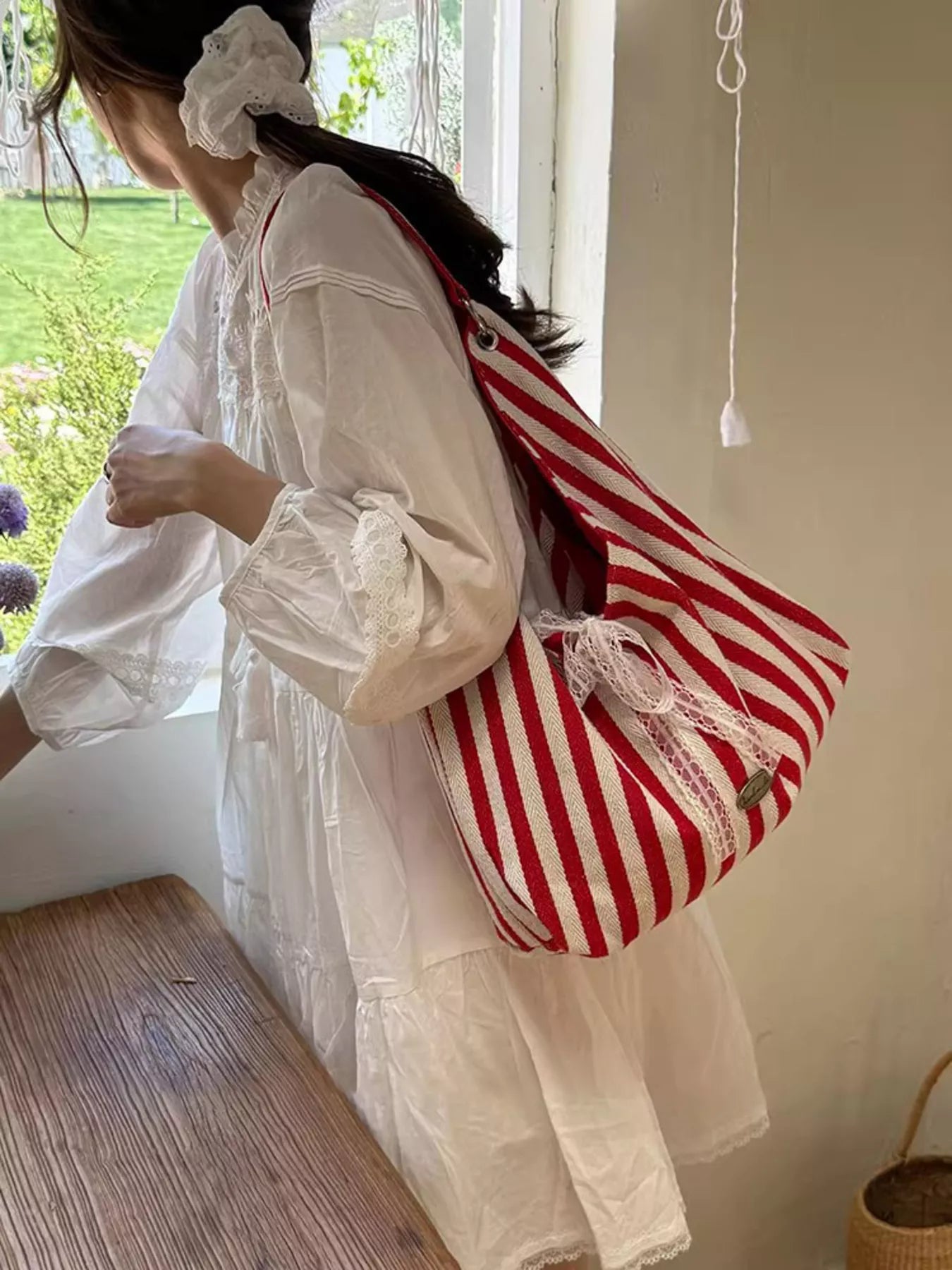 Canvas Tote Bag - Chic Striped Design - Deep RedOne SizeFashionable Purses