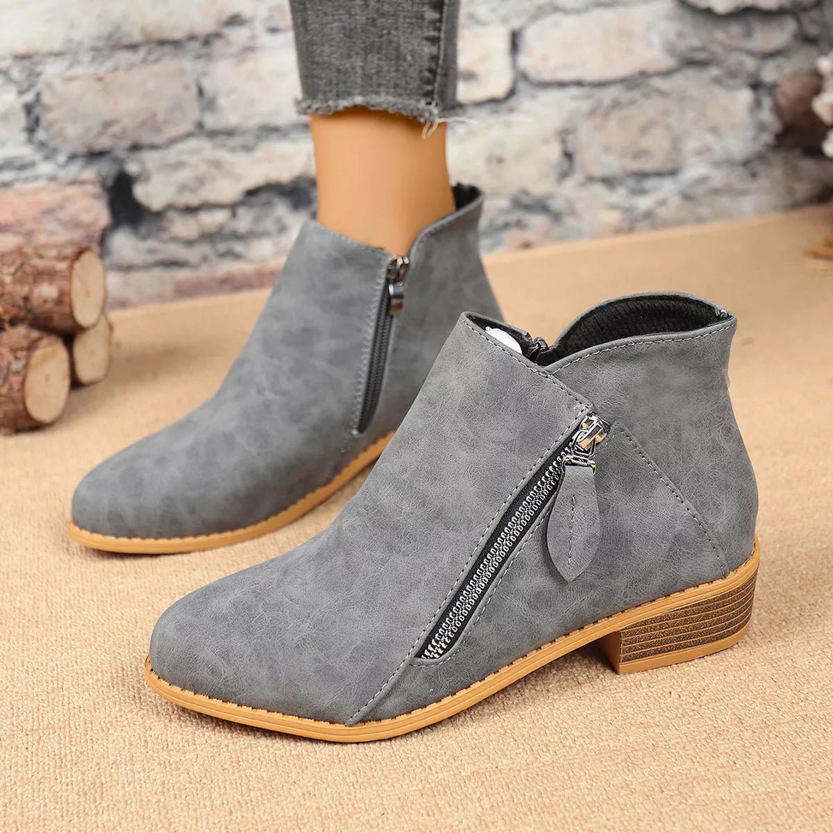 Chic Zip-Up Ankle Boots: Comfortable and Stylish with Block Heels for Effortless Fashion Statements - Gray-36