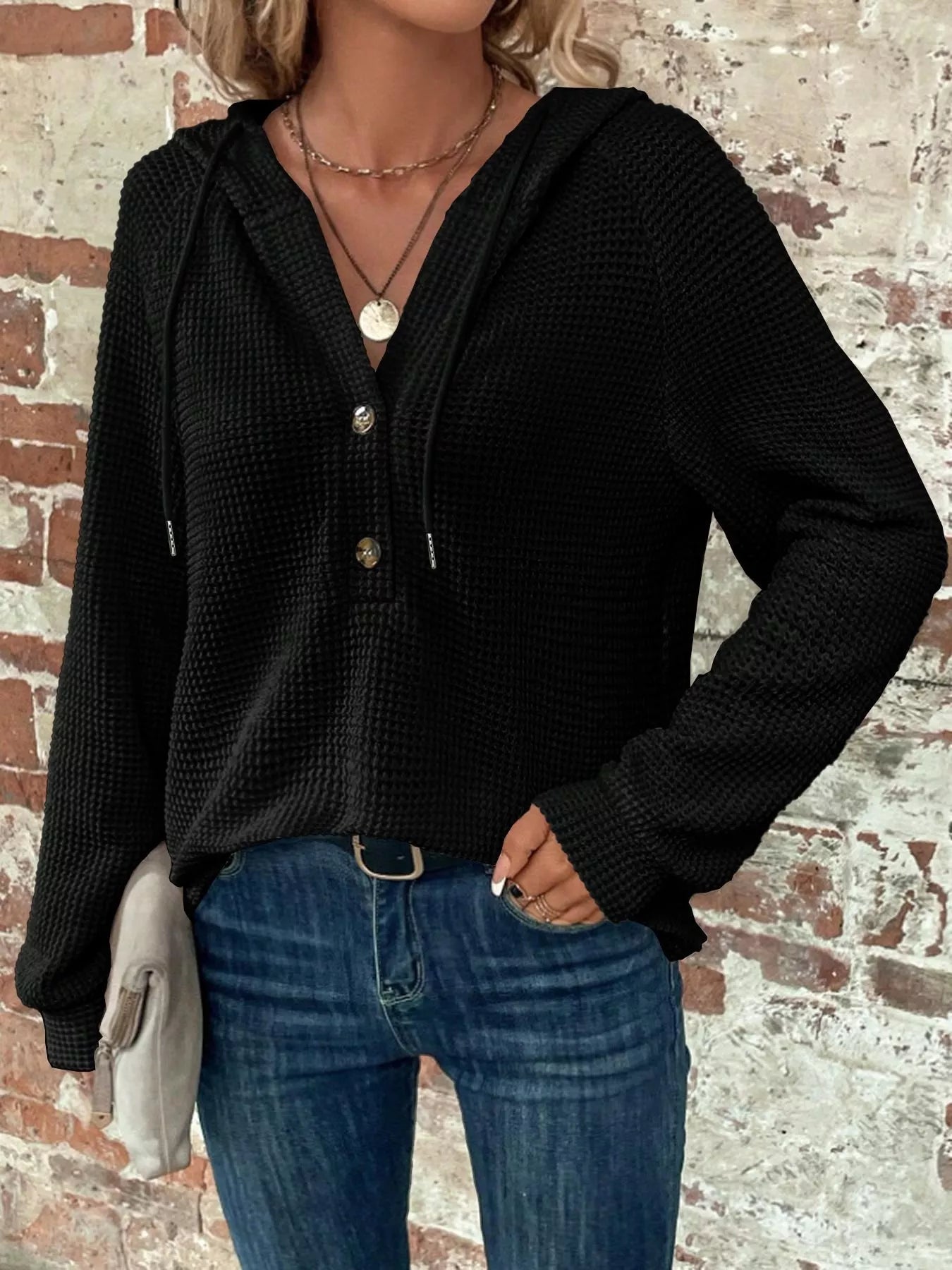 Waffle Knit Button Detail Hoodie - PBNJ FASHIONS
