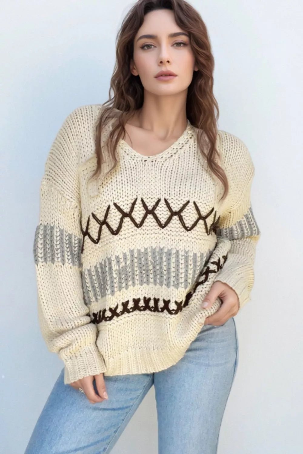 V - Neck Knit Long Sleeve Sweater - PBNJ FASHIONS