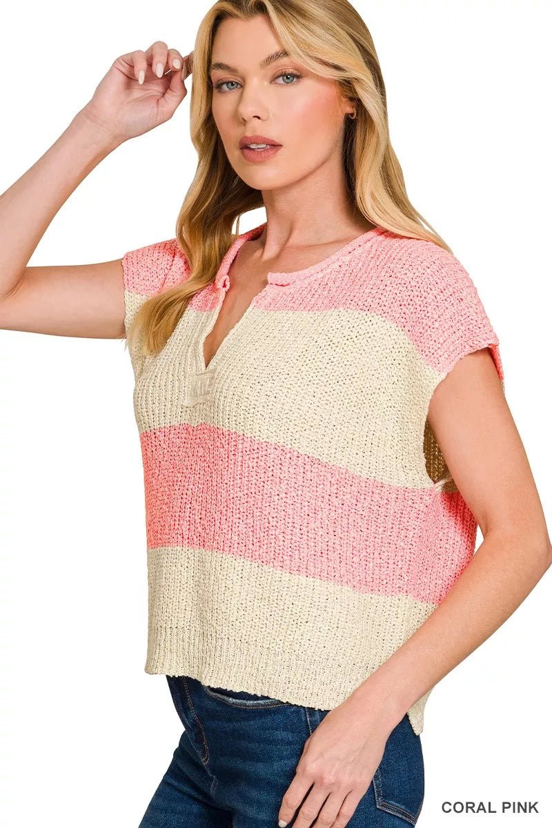 Zenana Split Neck Sleeveless Stripe Sweater - PBNJ FASHIONS