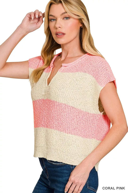 Zenana Split Neck Sleeveless Stripe Sweater - PBNJ FASHIONS