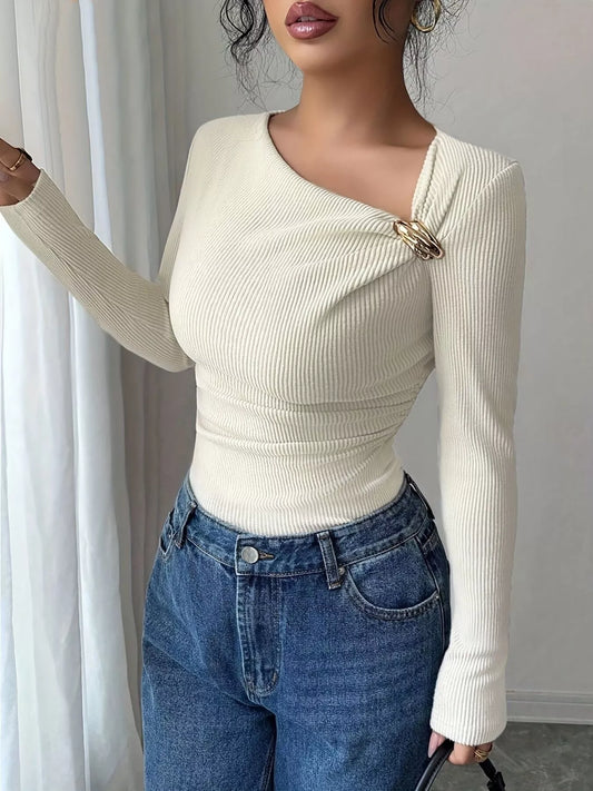 Ribbed Knit Asymmetrical Long Sleeve T-Shirt - PBNJ FASHIONS
