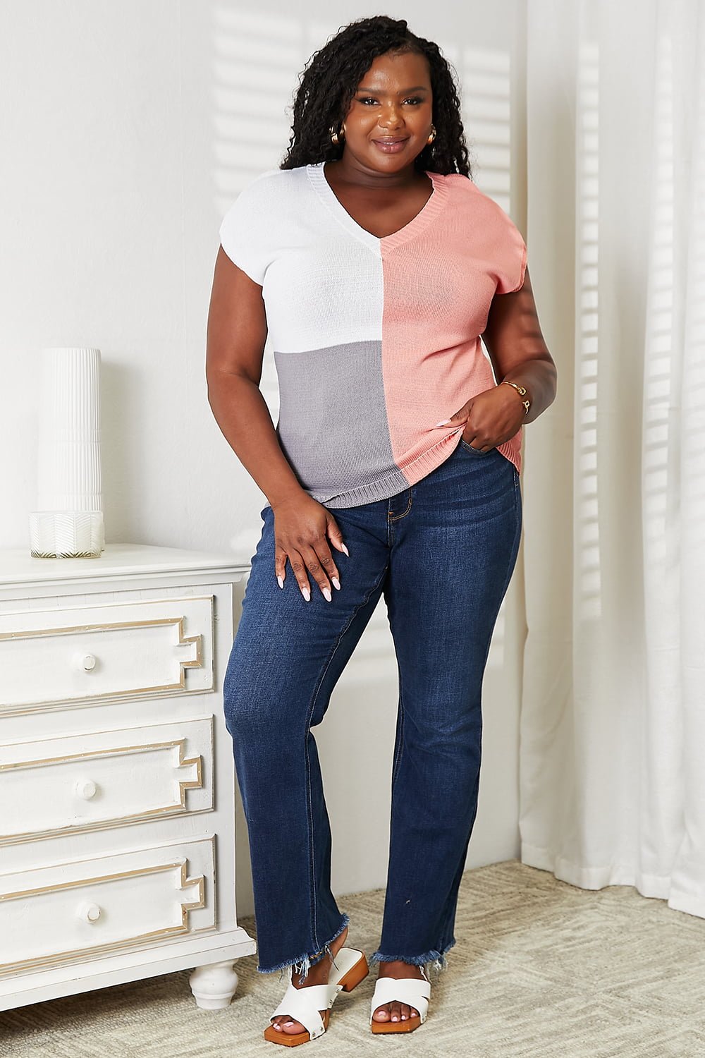 Color Block V - Neck Knit Top - PBNJ FASHIONS