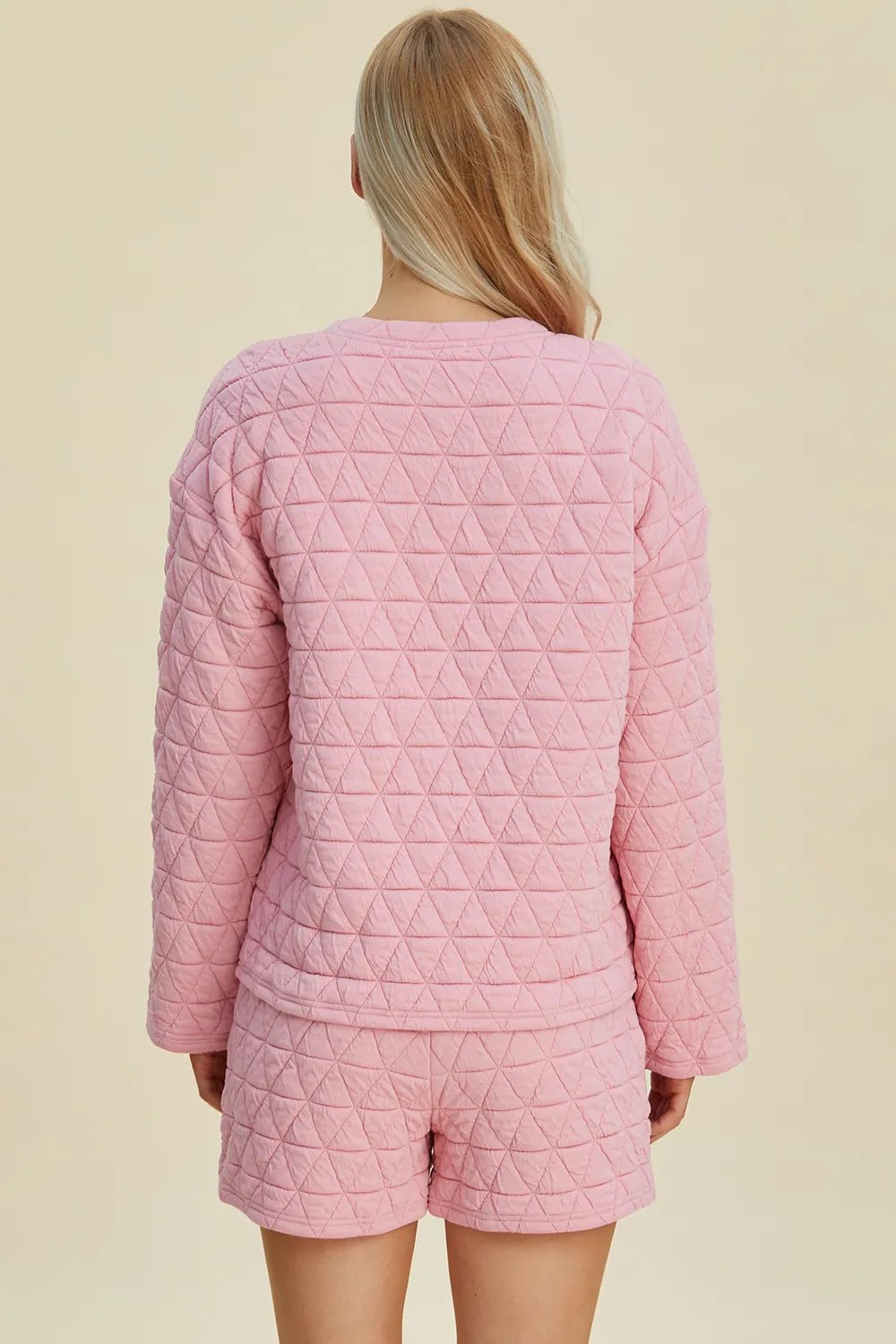 Double Take Full Size Texture Round Neck Long Sleeve Top and Shorts Set - PBNJ FASHIONS