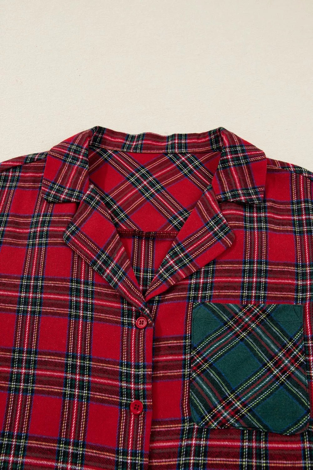 Plaid Contrast Patched Christmas Holiday Long Sleeve Shirt and Short 2pcs Pajama Set - PBNJ FASHIONS