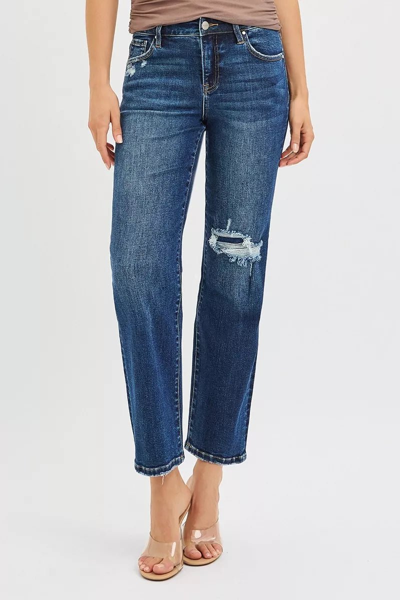 RISEN High Rise Crop Slim Straight Jenas with Hidden Knee Patch - PBNJ FASHIONS