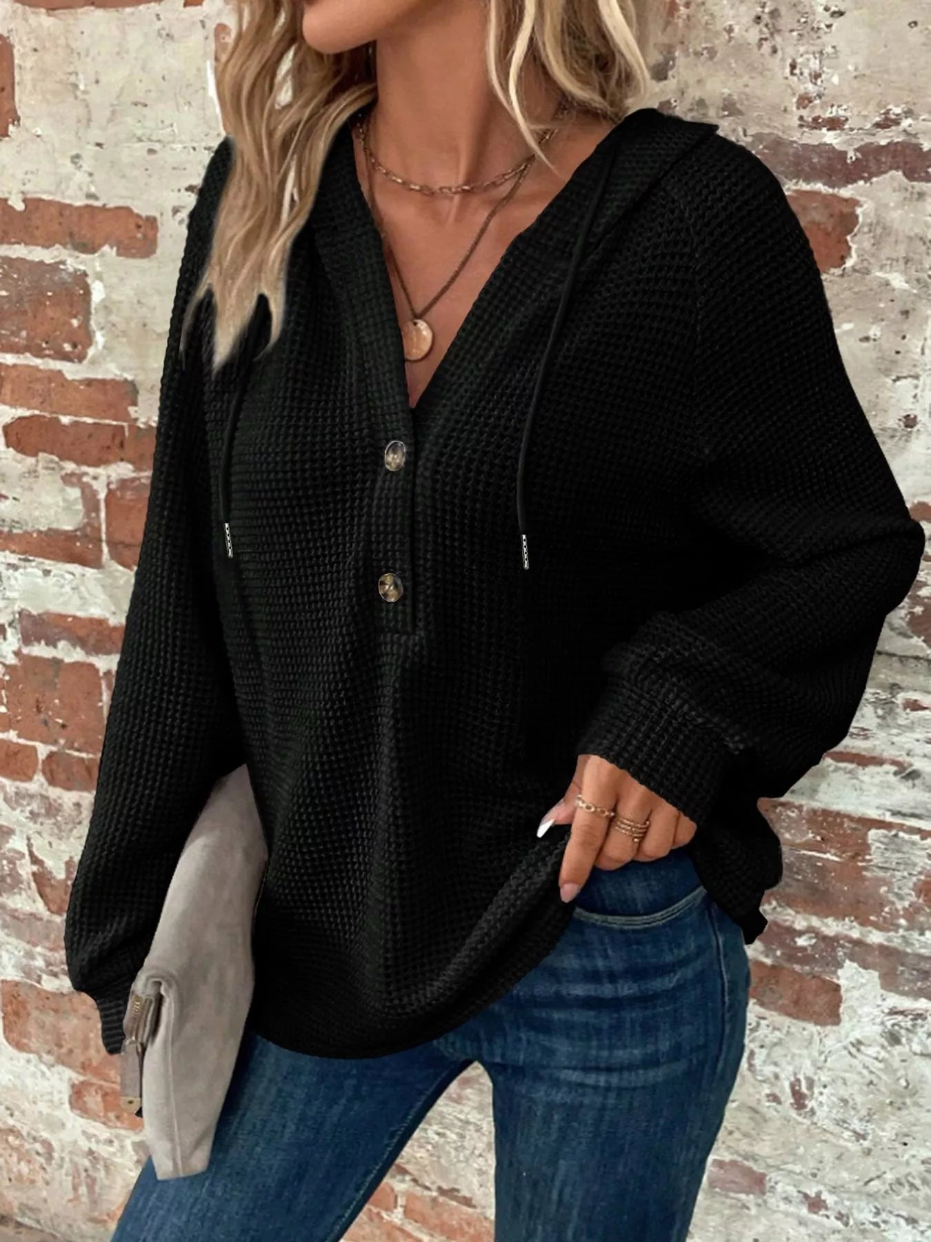 Waffle Knit Button Detail Hoodie - PBNJ FASHIONS