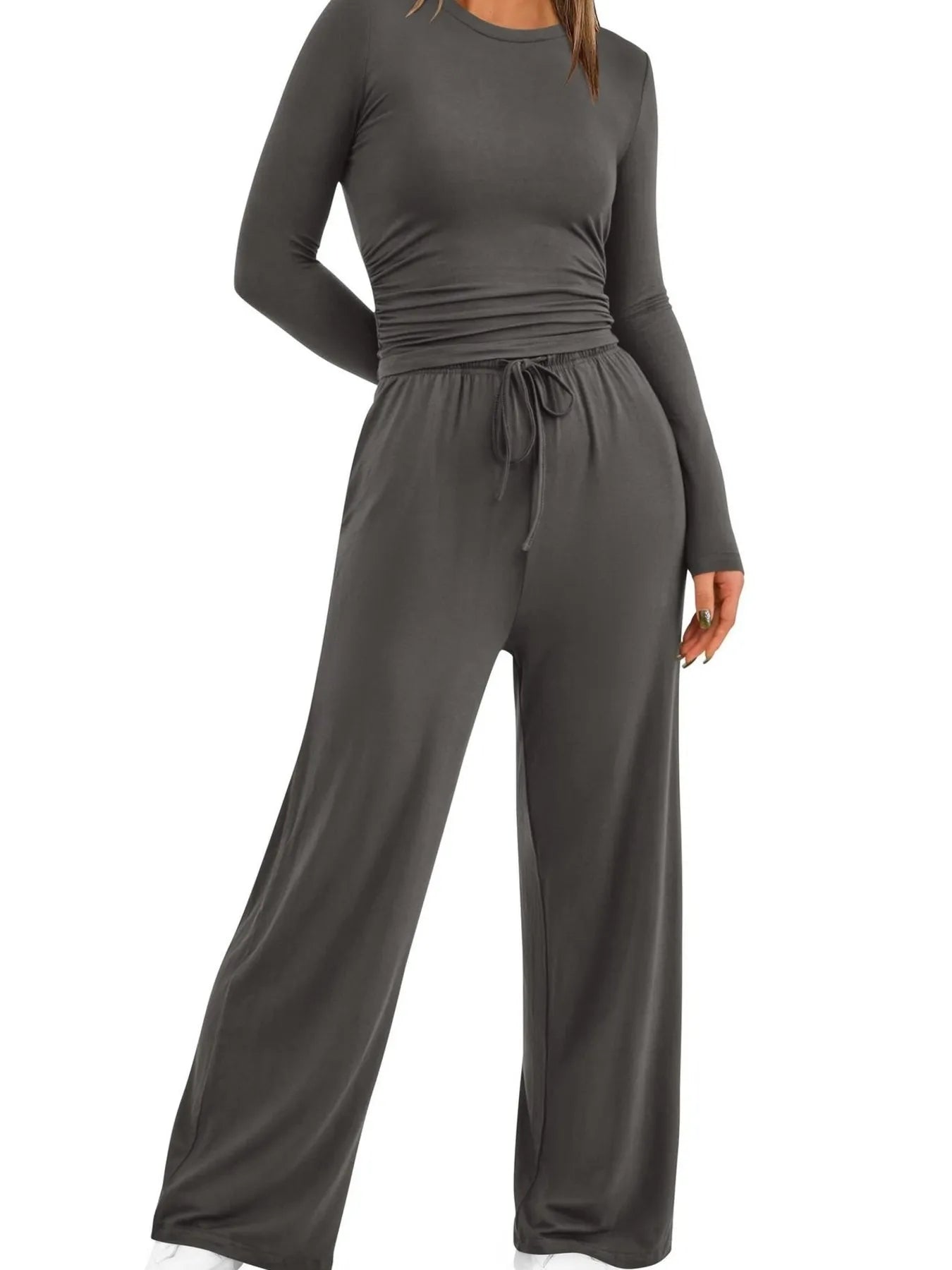 Round Neck Long Sleeve Top and Pants Set - PBNJ FASHIONS