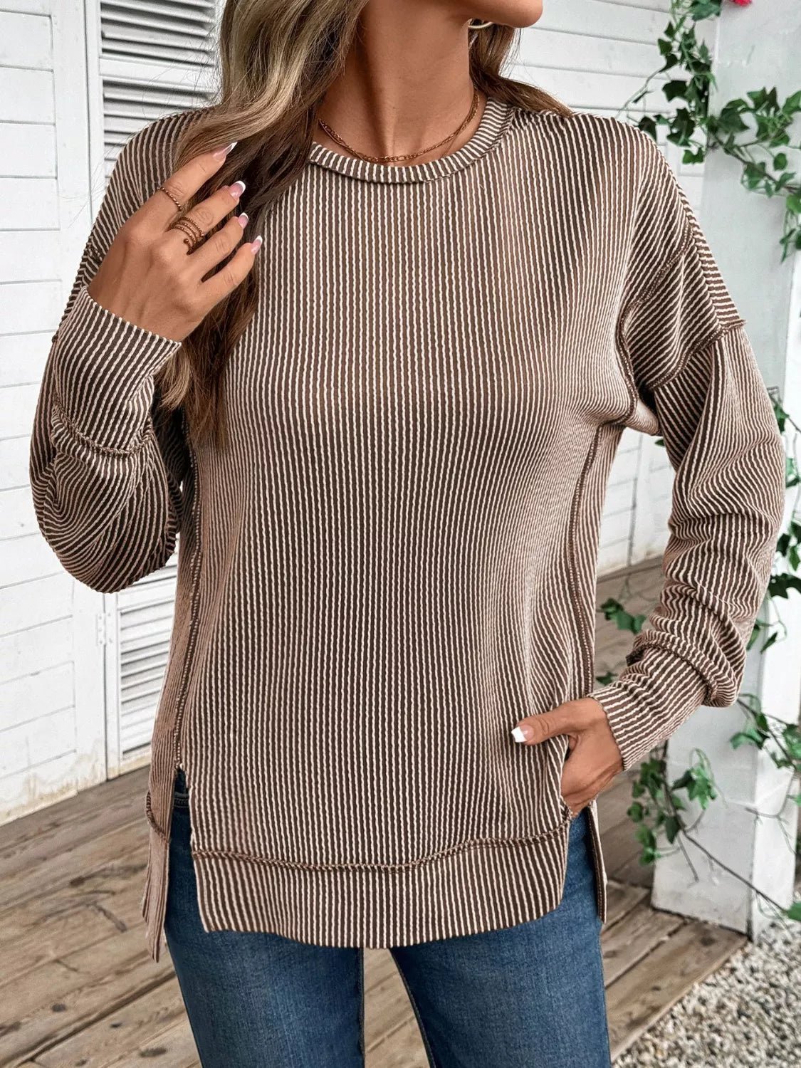 Side Slit Round Neck Sweatshirt - PBNJ FASHIONS