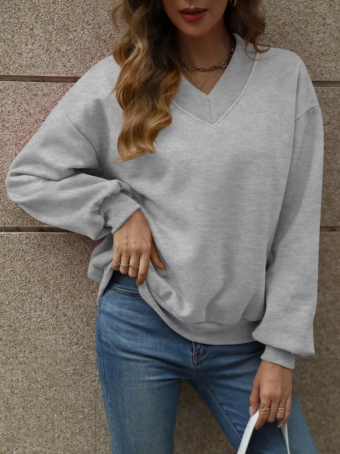 V - Neck Solid Color Casual Sweatshirt - PBNJ FASHIONS