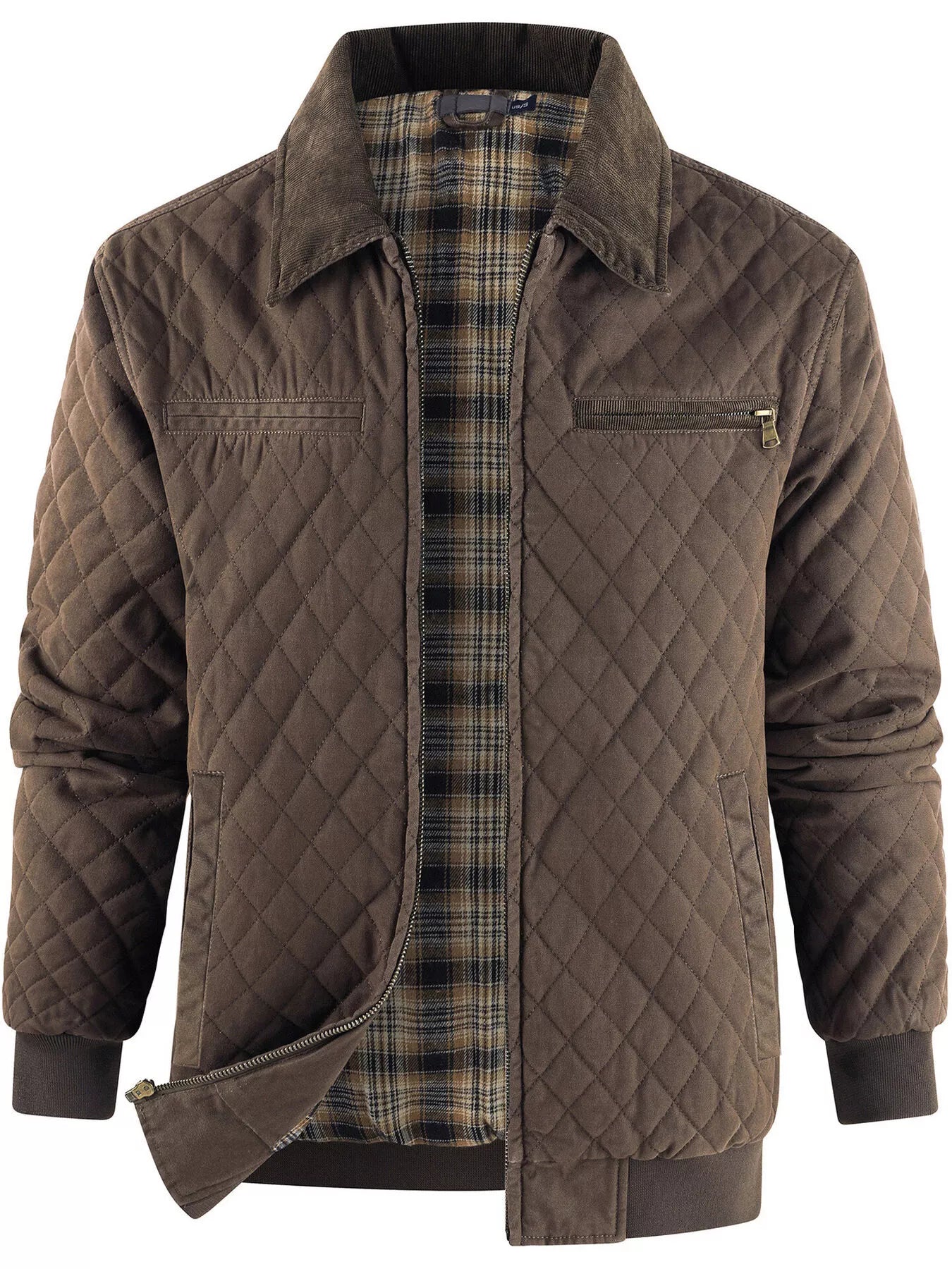 Men's Quilted Collared Neck Jacket with Plaid Lining - PBNJ FASHIONS