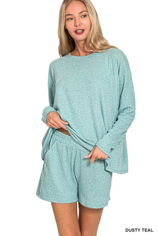 Zenana Soft Melange Long Sleeve Tee and Shorts Set - PBNJ FASHIONS