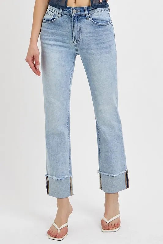 RISEN High Rise Straight Cuffed Relaxed Jeans - PBNJ FASHIONS